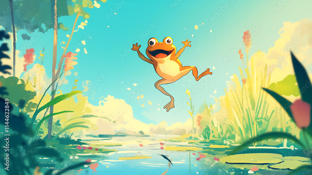A cheerful frog leaps joyfully over a serene pond surrounded by lush greenery and vibrant flowers. A cheerful frog leaps joyfully over a serene pond surrounded by lush greenery and vibrant flowers.