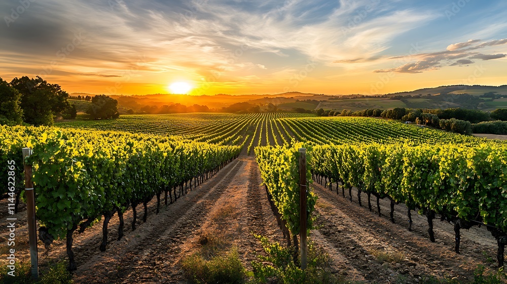 Fototapeta premium Vivid Vineyard Rows Glow Under Sunset Sky Wide Photo. AI Generated