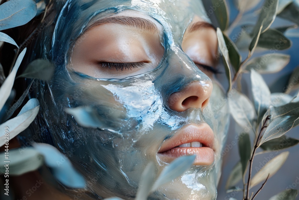 Fototapeta premium Woman with a blue hydrating facial mask and leaves