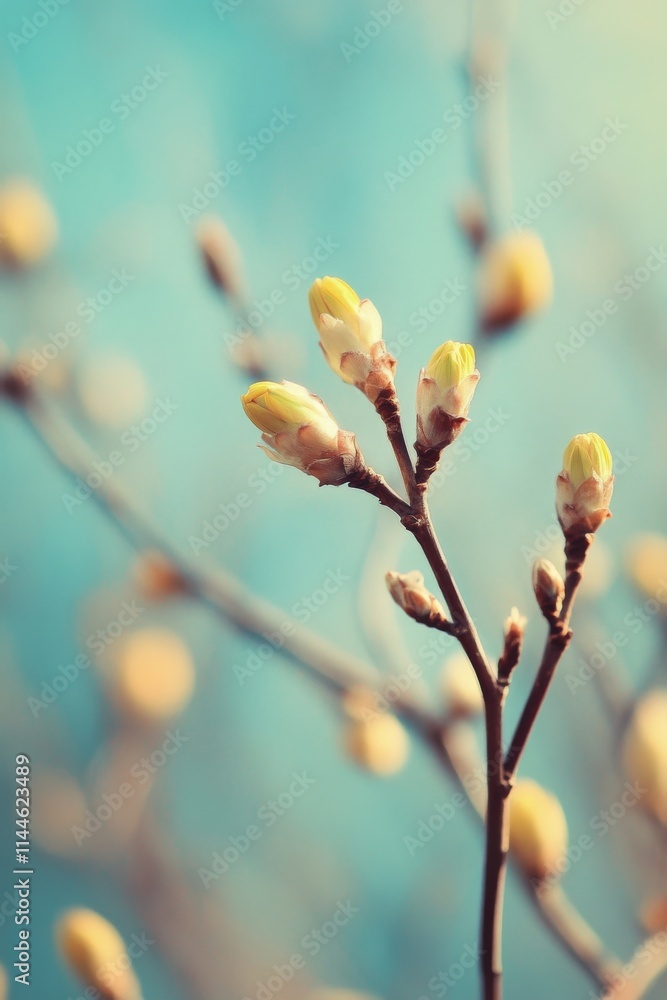 Fresh flower buds bloom on branches against a soft blue backdrop in early spring, showcasing nature's renewal Fresh flower buds bloom on branches against a soft blue backdrop in early spring, showcasing nature's renewal