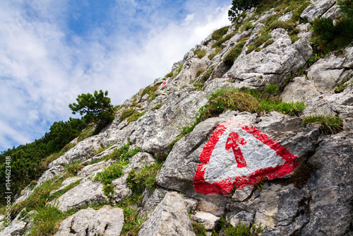 Path to the Angerstein mountain summit, Alps, Gosau, Gmunden district, Upper Austria federal state, sunny summer day, clear blue sky photo