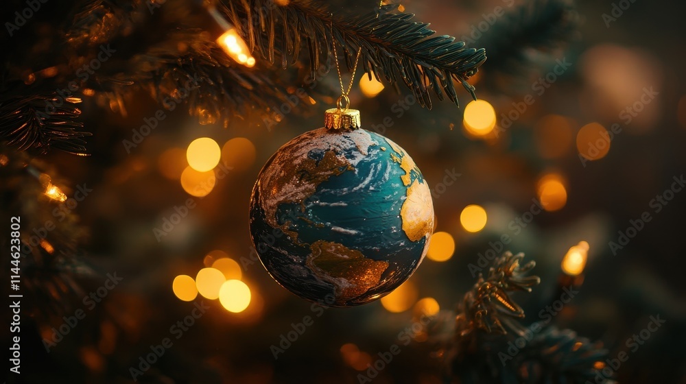 Christmas ornament shaped like planet earth is hanging from a christmas tree with warm twinkling lights in the background Christmas ornament shaped like planet earth is hanging from a christmas tree with warm twinkling lights in the background