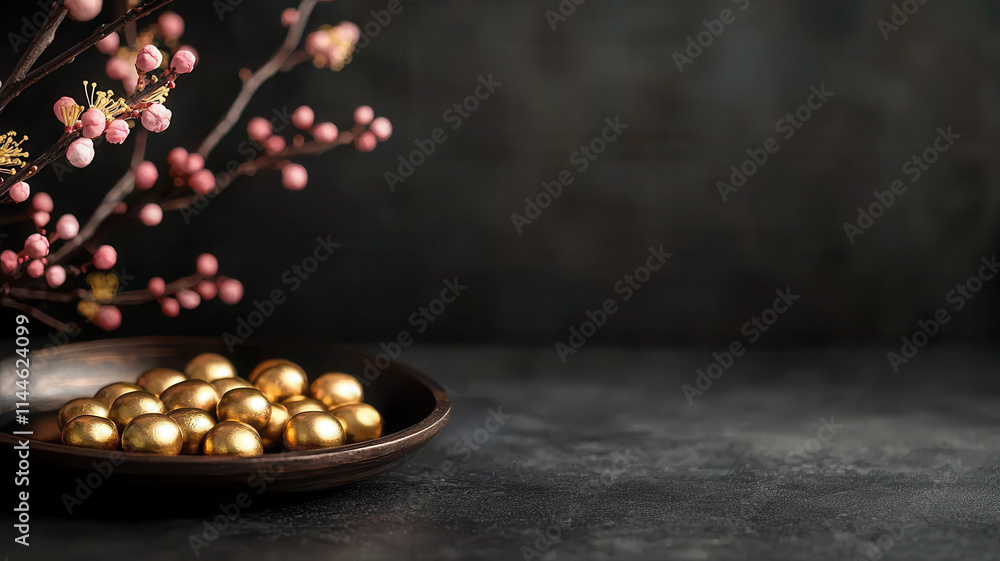 close up of golden ingots on dark surface with flowers close up of golden ingots on dark surface with flowers