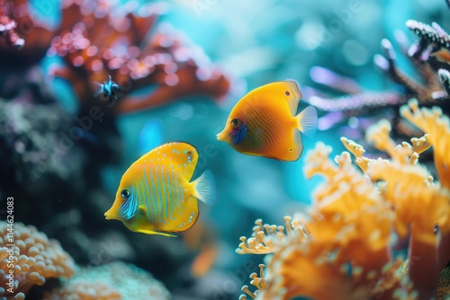 Exploring a vibrant underwater world filled with colorful aquarium fish swimming among coral reefs. Generative AI photo