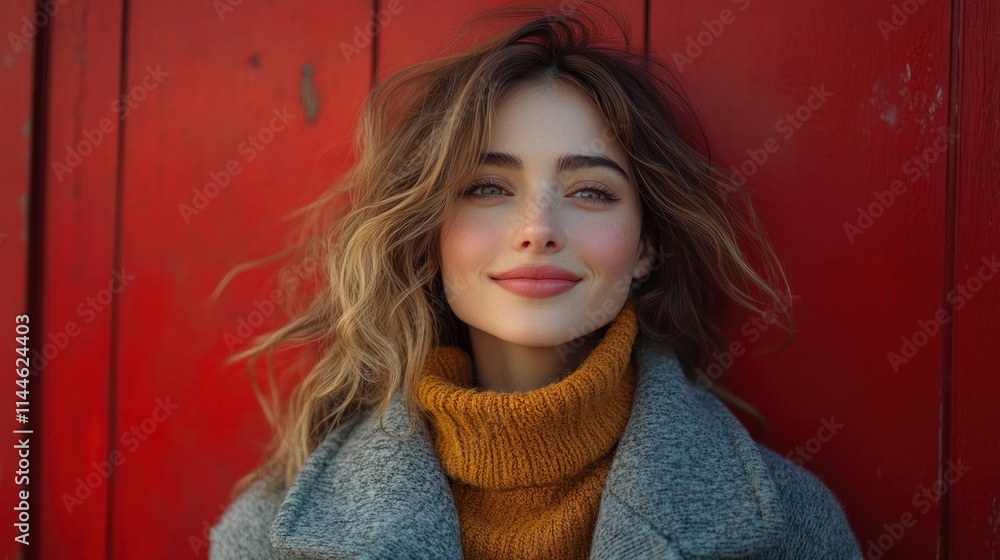A smiling woman with wavy hair poses against a vibrant red background, wearing a cozy sweater. A smiling woman with wavy hair poses against a vibrant red background, wearing a cozy sweater.