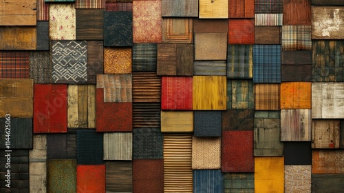 Colorful wooden squares mosaic wall.