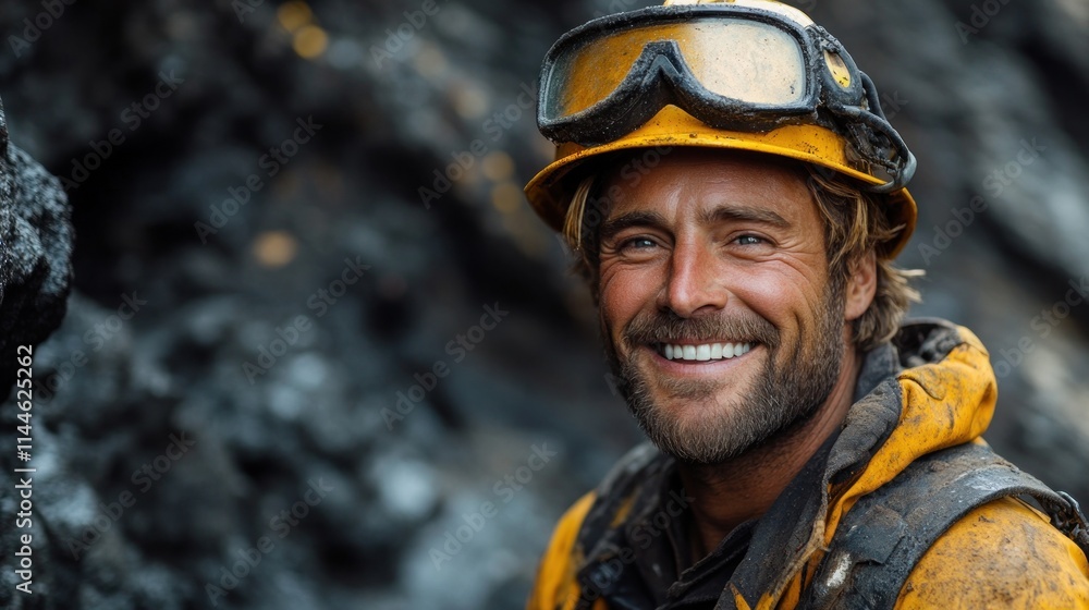 A smiling worker in safety gear stands in a rugged environment, showcasing joy in labor. A smiling worker in safety gear stands in a rugged environment, showcasing joy in labor.
