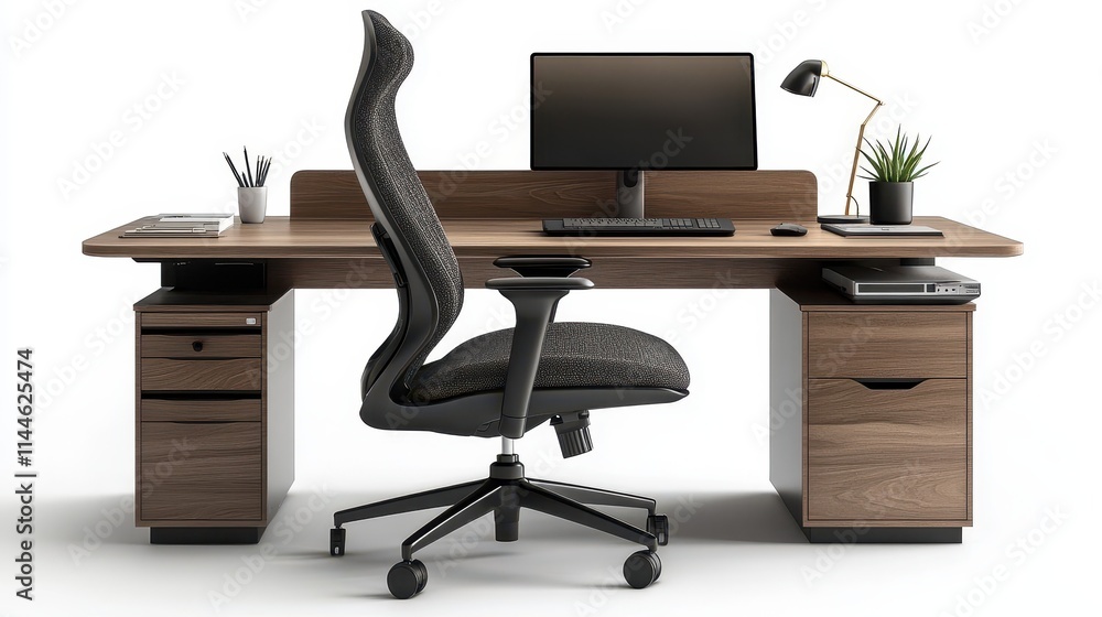 Isolated on a white background, this modern home office features a laptop, ergonomic chair, plant, and stationery, encapsulating the remote work concept. Isolated on a white background, this modern home office features a laptop, ergonomic chair, plant, and stationery, encapsulating the remote work concept.