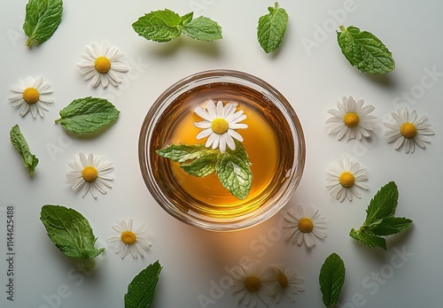 Herbal tea served in a white cup surrounded by fresh mint leaves and daisies on a clean surface in a bright and photo