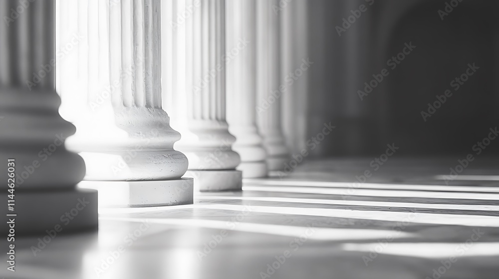 Sunlight Shines, Tall Columns Line a Hallway, Wide Shot Photo. AI Generated Sunlight Shines, Tall Columns Line a Hallway, Wide Shot Photo. AI Generated