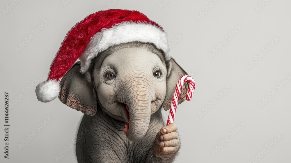 Festive elephant in a Santa hat, holding a candy cane, smiling cheerfully against a white background. Festive elephant in a Santa hat, holding a candy cane, smiling cheerfully against a white background.