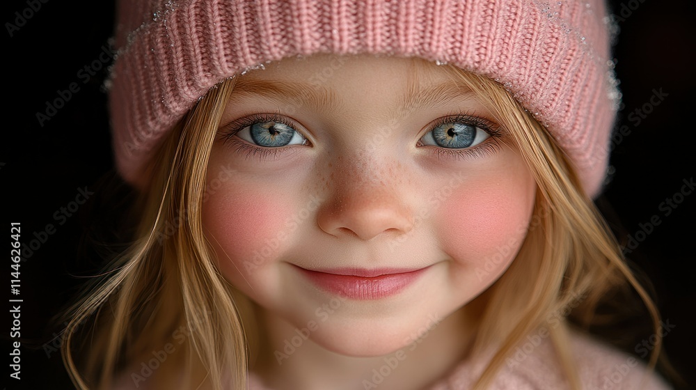 Smiling child with blue eyes and pink knit hat. Smiling child with blue eyes and pink knit hat.