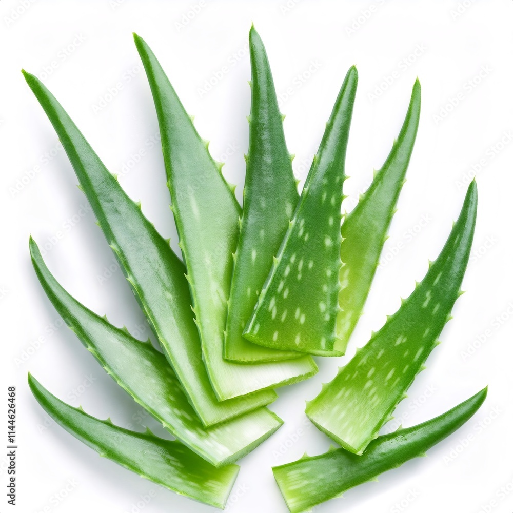 Sliced aloe vera leaves arranged on a clean white background, highlighting their vibrant green color and fleshy texture Sliced aloe vera leaves arranged on a clean white background, highlighting their vibrant green color and fleshy texture