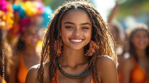 A smiling young woman with dreadlocks at a vibrant outdoor event, surrounded by a festive crowd.