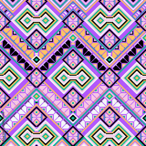 Pixel art ethnic, Pattern fabric pixel, design for background, clothing, decorative, drapery, cloth embroidery, geometric pixel art, handcraft, wallpaper, carpet, bag, card, cushions, Print, ethnic