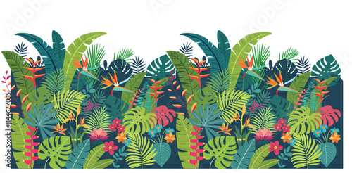 Tropical green leaves, exotic plants, and vibrant flowers create a stunning nature background. A botanical border paired with a floral banner, Nature background Featuring lush greenery
