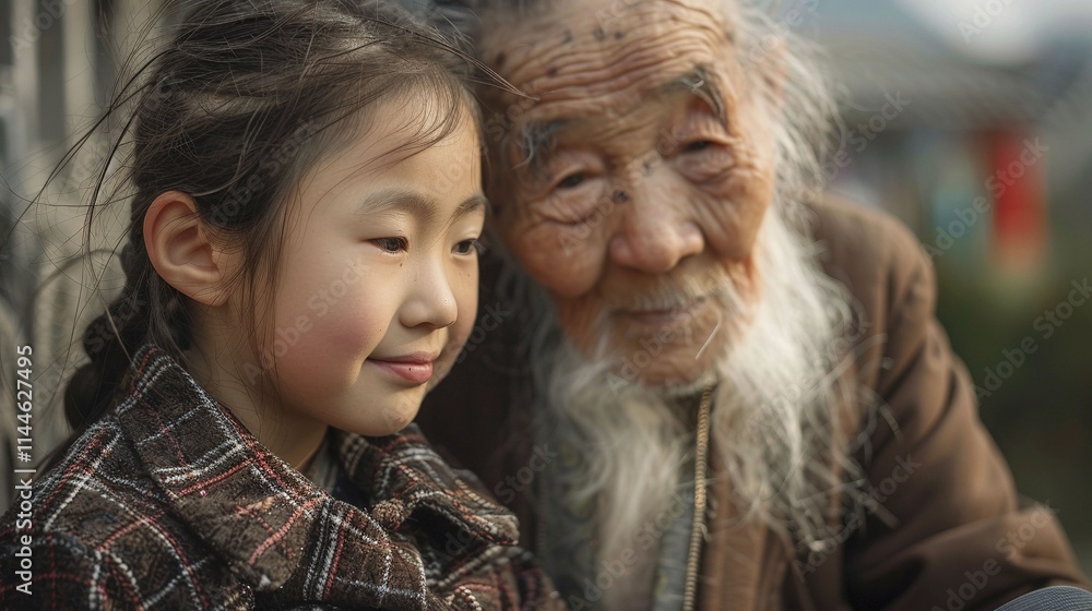Smiling korean little girl and elderly grandfather together closeup image. Grandparent grandchild close up photography. Generational connection and family bonding concept photo realistic Smiling korean little girl and elderly grandfather together closeup image. Grandparent grandchild close up photography. Generational connection and family bonding concept photo realistic