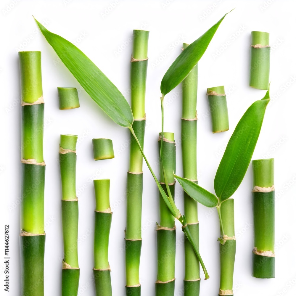 Fototapeta premium Green bamboo stalks freshly cut, lying neatly on pristine white surface, forming minimalist botanical composition