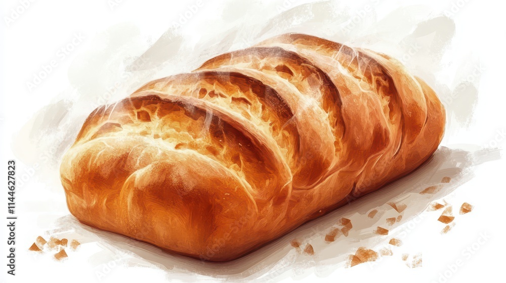 illustration of a freshly baked loaf with a golden crust and steam, ideal for food-themed designs, on a white background. illustration of a freshly baked loaf with a golden crust and steam, ideal for food-themed designs, on a white background.