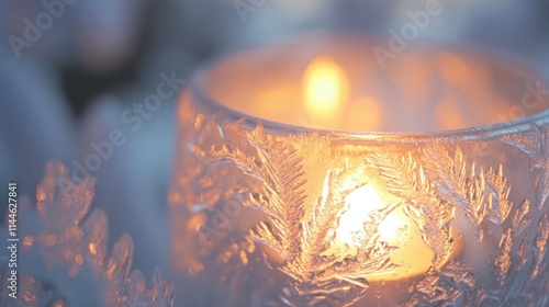 A softly glowing candle encased in frosted glass, creating a warm ambiance in a winter setting.