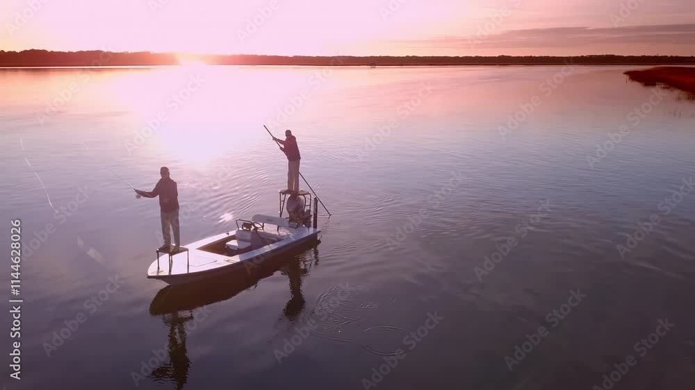 Low aerial drone video of men fly fishing from a boat at sunrise. Low aerial drone video of men fly fishing from a boat at sunrise.