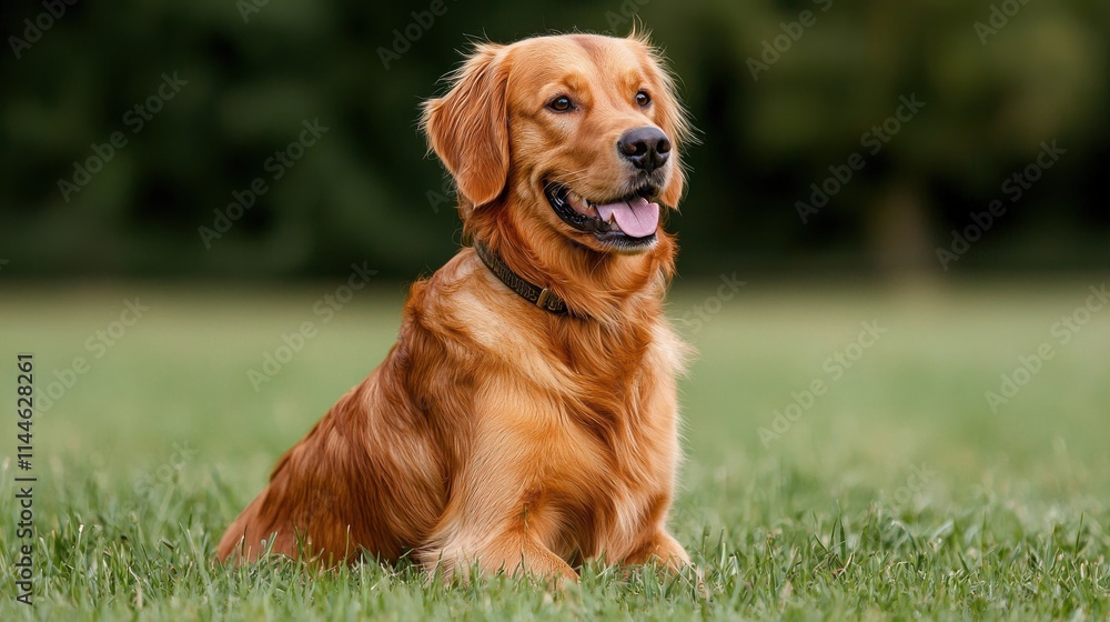 Obraz premium Golden retriever in tranquil sunlight serene meadow outdoor scene