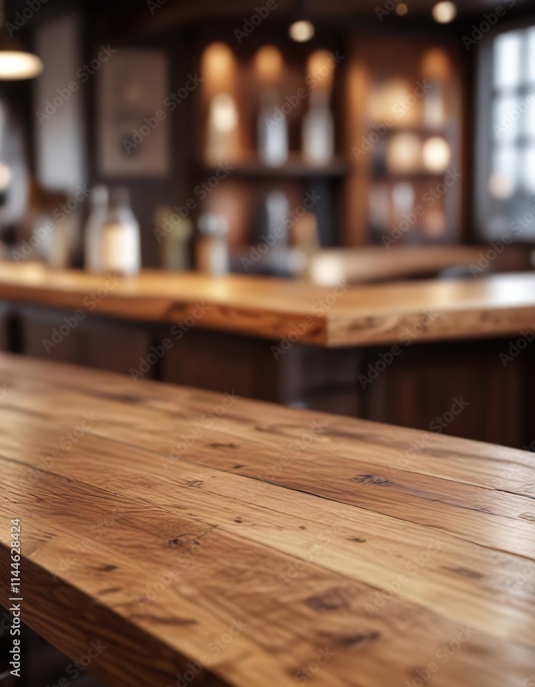 Close-up of wooden table with soft focus on bar counter, counter, drinks, background Close-up of wooden table with soft focus on bar counter, counter, drinks, background