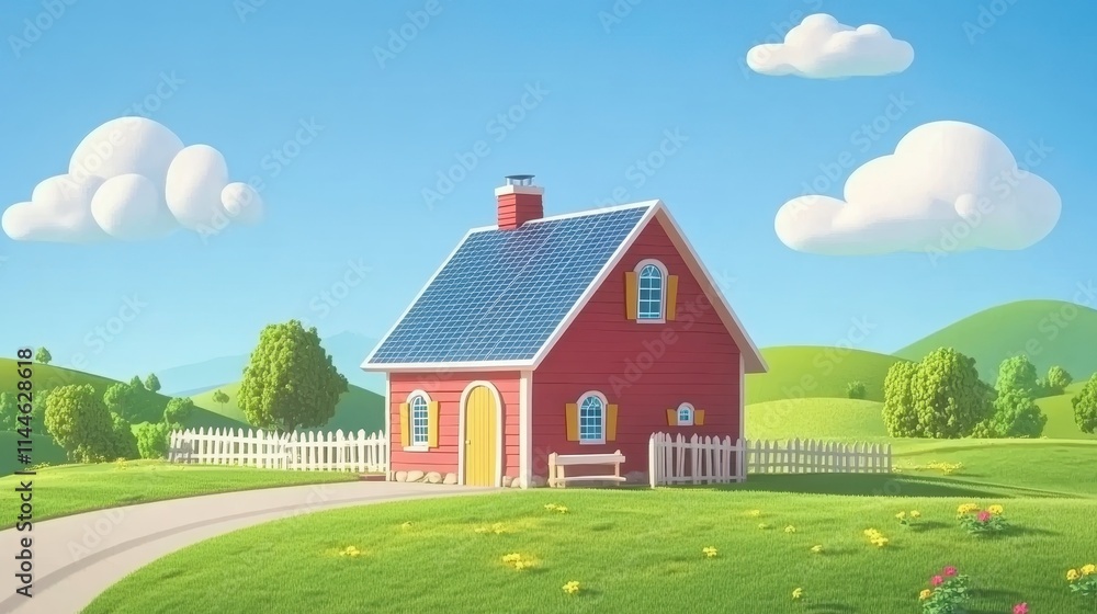 Obraz premium Bright Red House with Solar Panels in Scenic Landscape