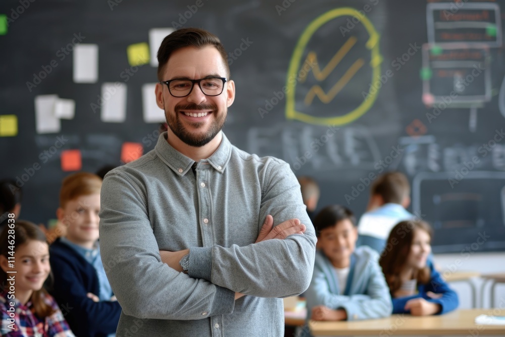 Portrait of confident teacher showing thumbs up while standing amidst students in classroom Portrait of confident teacher showing thumbs up while standing amidst students in classroom