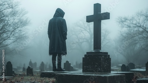 A solitary figure stands in a misty graveyard, reflecting on a gravestone.