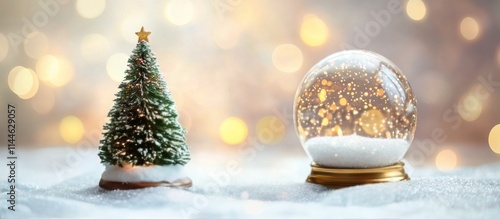 Christmas decorations featuring a small tree with lights and a snow globe fil...