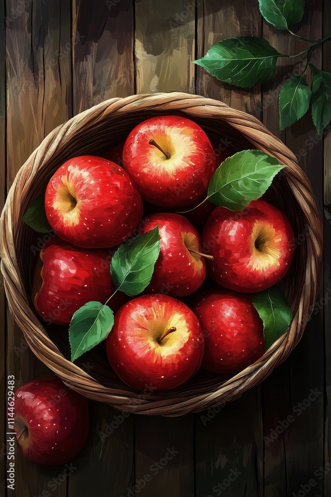 Fresh red apples in a woven basket placed on a wooden surface showcasing natural foliage and rustic textures Fresh red apples in a woven basket placed on a wooden surface showcasing natural foliage and rustic textures