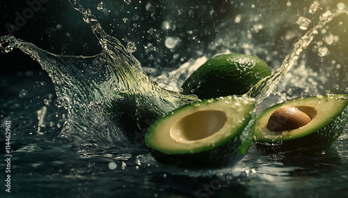 An avocado splashes onto the ultra-wide angle lens photo