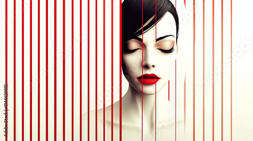 Woman with red lipstick posing behind red vertical lines
