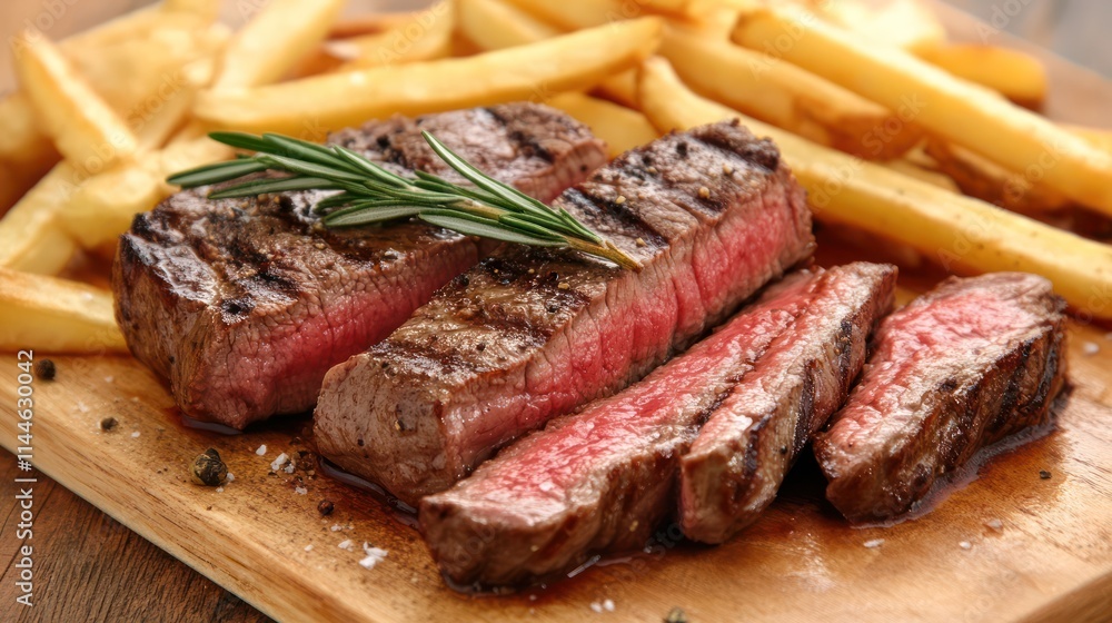 Close up of Juicy ribeye steak with golden fries on a wooden board. Ai generated image Close up of Juicy ribeye steak with golden fries on a wooden board. Ai generated image