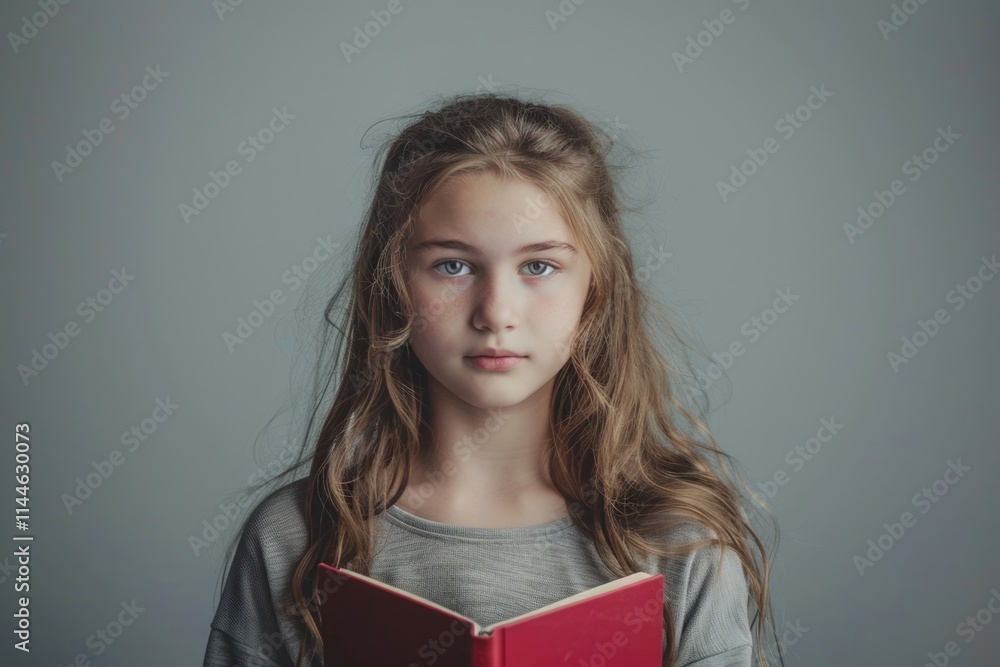 Young girl posing with book on grey background. Young girl posing with book on grey background.