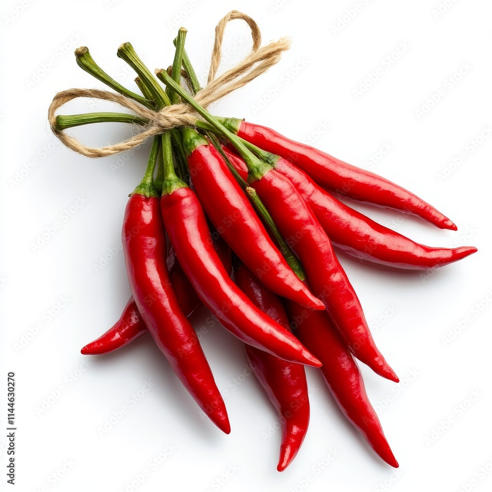 A vibrant bunch of fresh red chili peppers tied with twine, perfect for adding spice to culinary dishes and enhancing flavor. A vibrant bunch of fresh red chili peppers tied with twine, perfect for adding spice to culinary dishes and enhancing flavor.