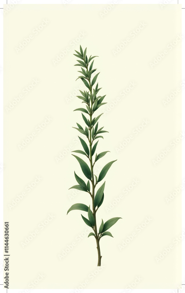Obraz premium A detailed illustration of a green plant stem with long, slender leaves on a soft cream background.