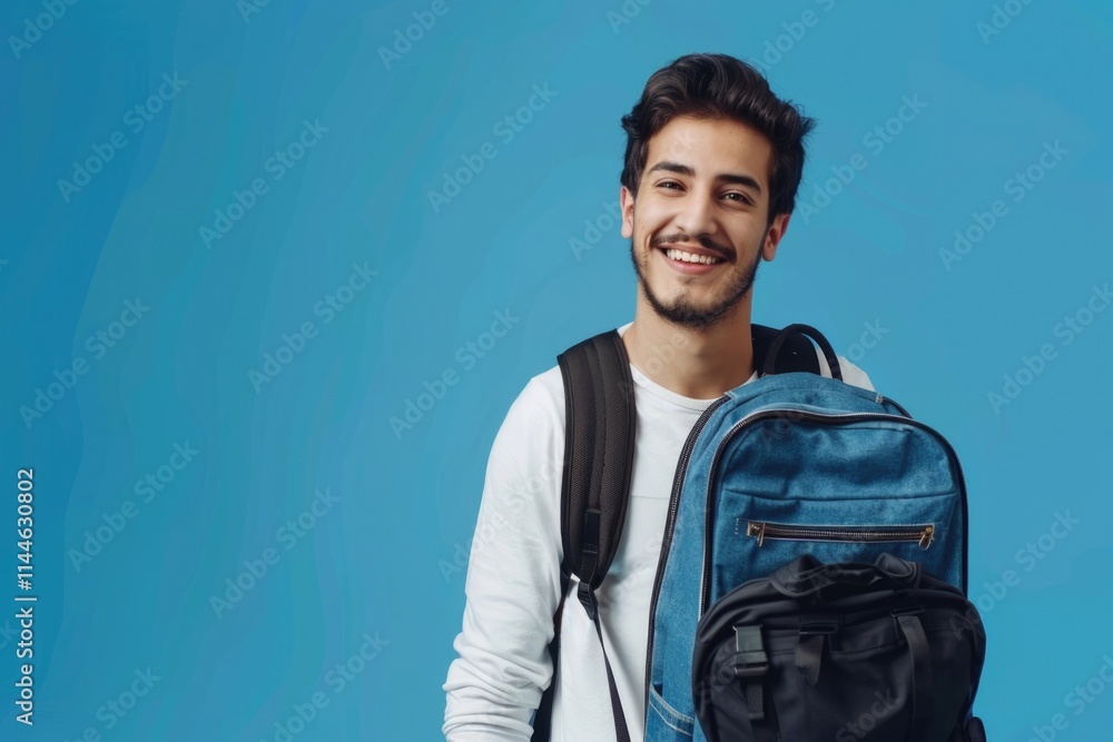 Arab student with backpack promotes online education and scholarships. Arab student with backpack promotes online education and scholarships.