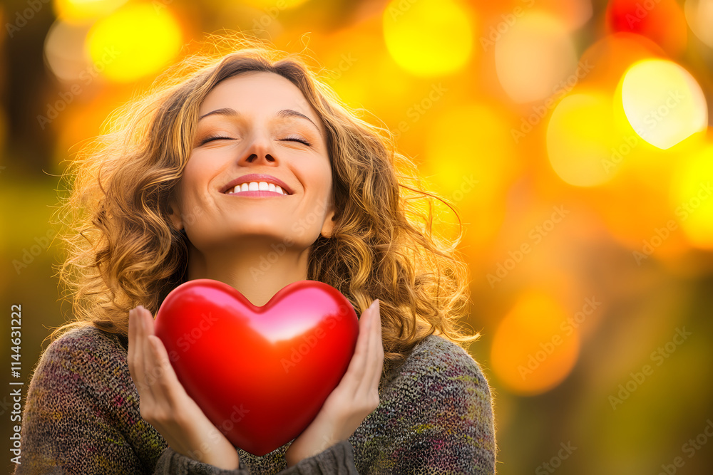 Happy woman holding a red heart against a bokeh background. Valentine's Day. Happy woman holding a red heart against a bokeh background. Valentine's Day.