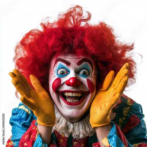 Brightly colored clown with red hair and joyful expression showcasing playful...