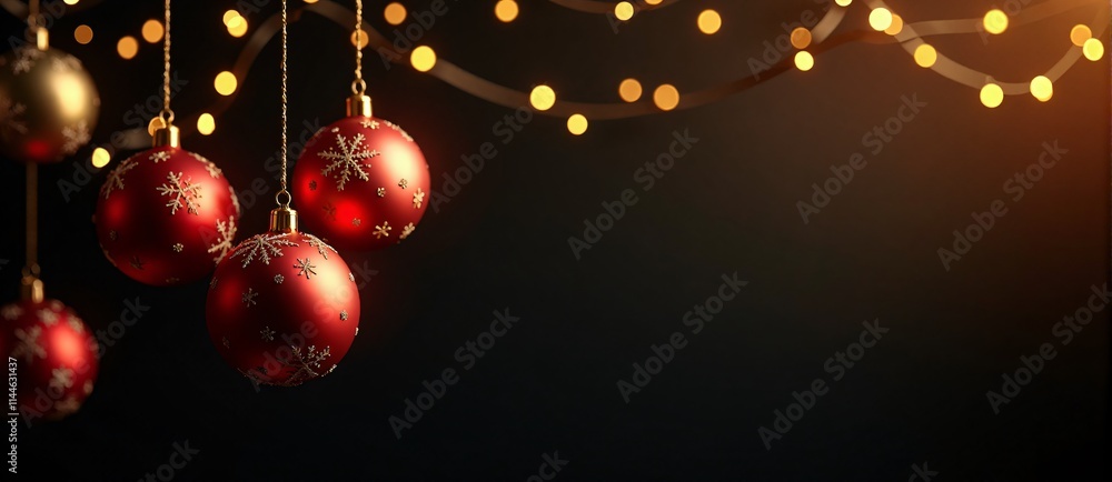 Black Panoramic Background Featuring Many Red and Golden Shiny Christmas Baubles and Ornaments with Shiny Golden Lights, Christmas Web Banner. Black Panoramic Background Featuring Many Red and Golden Shiny Christmas Baubles and Ornaments with Shiny Golden Lights, Christmas Web Banner.