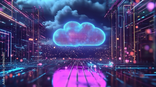 Cyberpunk Cityscape with Glowing Cloud Data Network - 3D Render. AI Generated photo