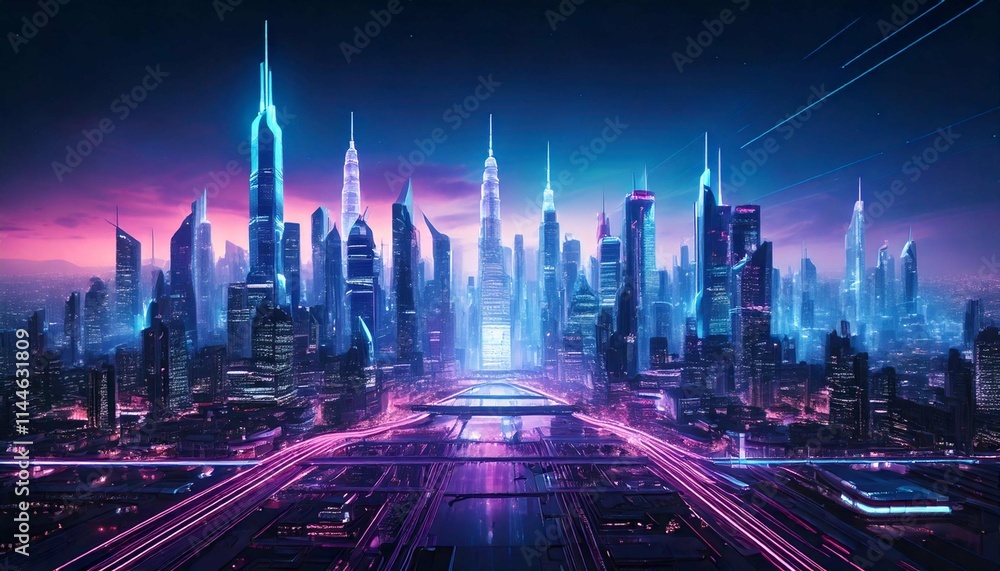 Realistic Cyberpunk City Skyline with Purple and Cyan Neon lights, Generative AI Realistic Cyberpunk City Skyline with Purple and Cyan Neon lights, Generative AI