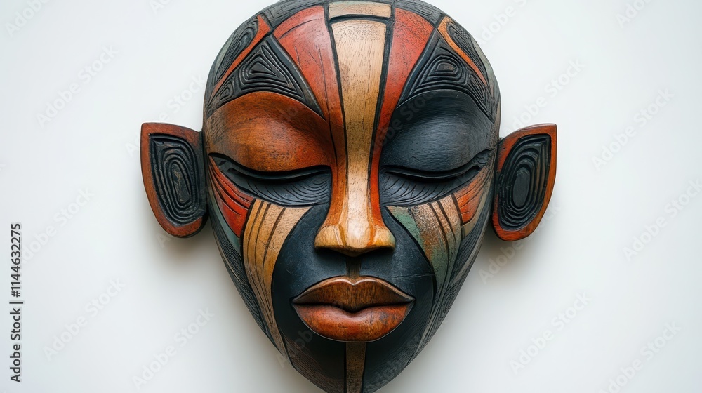 An intricately carved wooden mask features distinct patterns and vibrant hues, set against a stark white backdrop for striking effect. An intricately carved wooden mask features distinct patterns and vibrant hues, set against a stark white backdrop for striking effect.