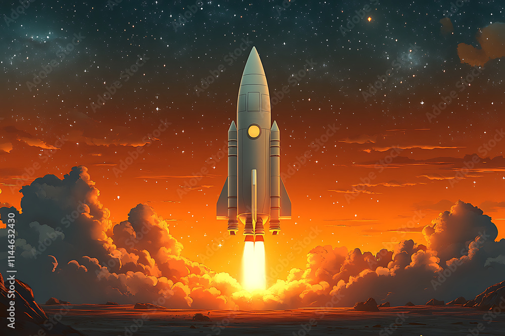 Fototapeta premium A flat art illustration of a rocket with a sleek and minimalist design, highlighting modern aesthetics and simplicity.