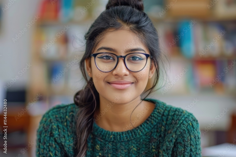 Portrait of young Indian woman in green sweater smiling. Portrait of young Indian woman in green sweater smiling.