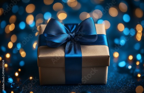 Festive gift wrapped in elegant teal ribbon sits in front of shimmering bokeh...