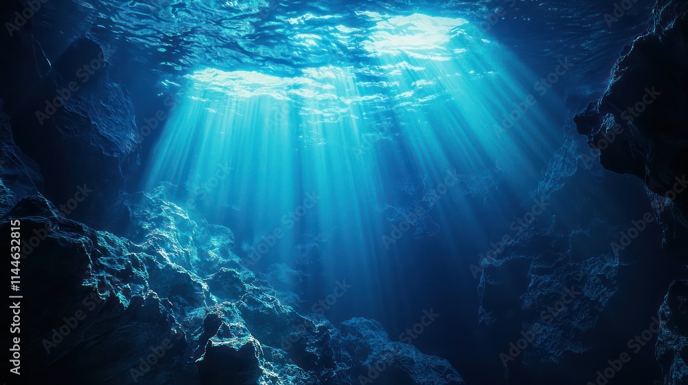 Fototapeta premium Mystical Underwater Abyss with Deep Blue Waters Illuminated by Sunlight
