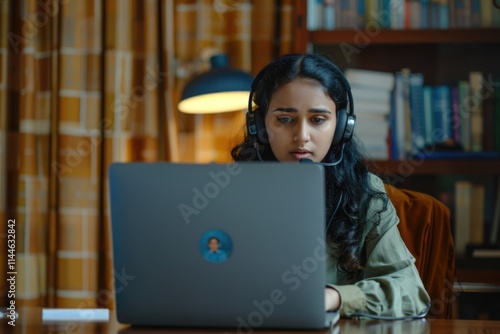 Indian woman participates in webinar from home office. photo